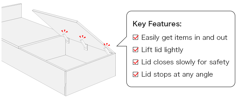 Key Features: Easily get items in and out, Lift lid lightly, Lid closes slowly for safety, Lid stops at any angle